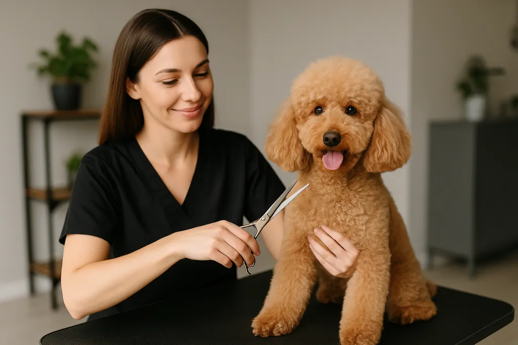 Toilettage d'un caniche aux ciseaux