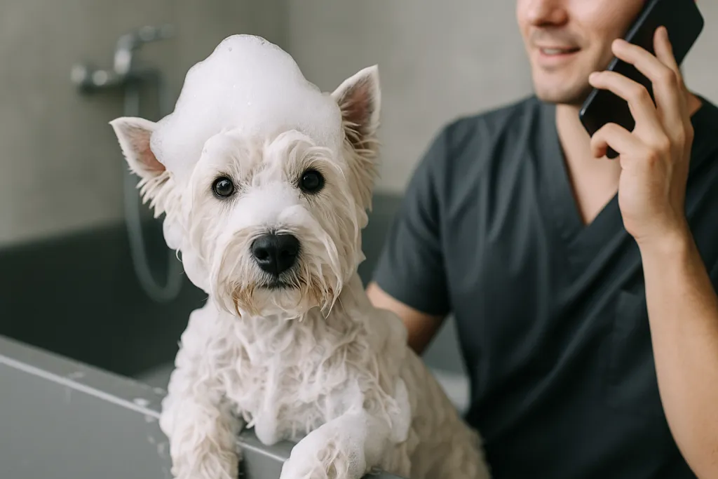 Chien dans le bain couvert de mousse