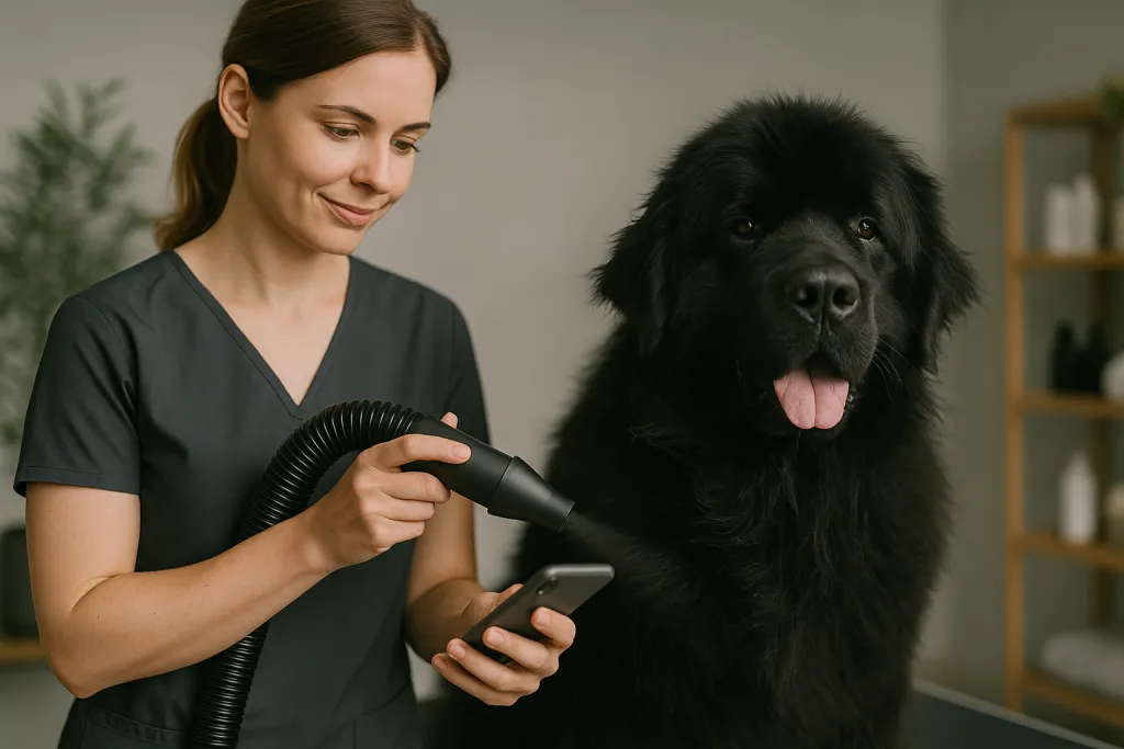 Séchage d'un gros chien au pulseur