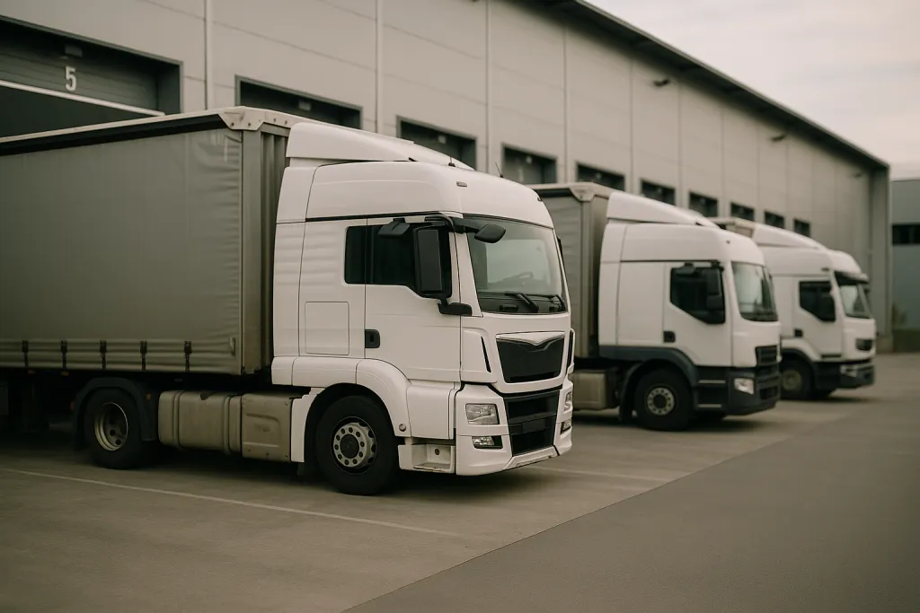 Camions alignés sur un quai de chargement logistique