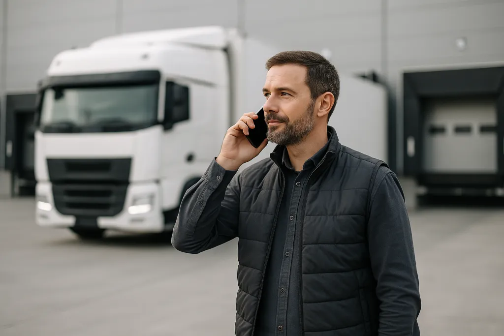 Chauffeur de poids-lourd devant un quai de déchargement plein