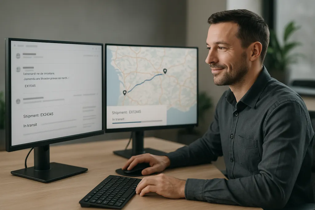 Affréteur transport travaillant sur double écran