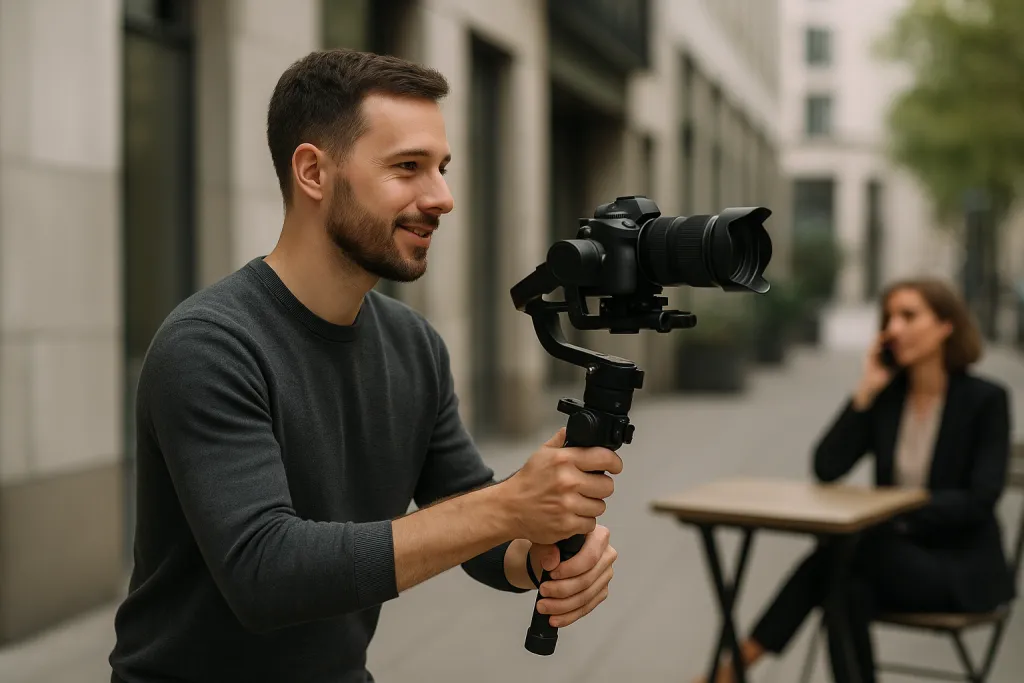 Vidéaste filmant une scène avec un stabilisateur