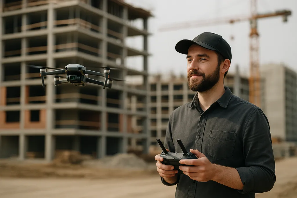Vidéaste pilotant un drone au-dessus d'un chantier