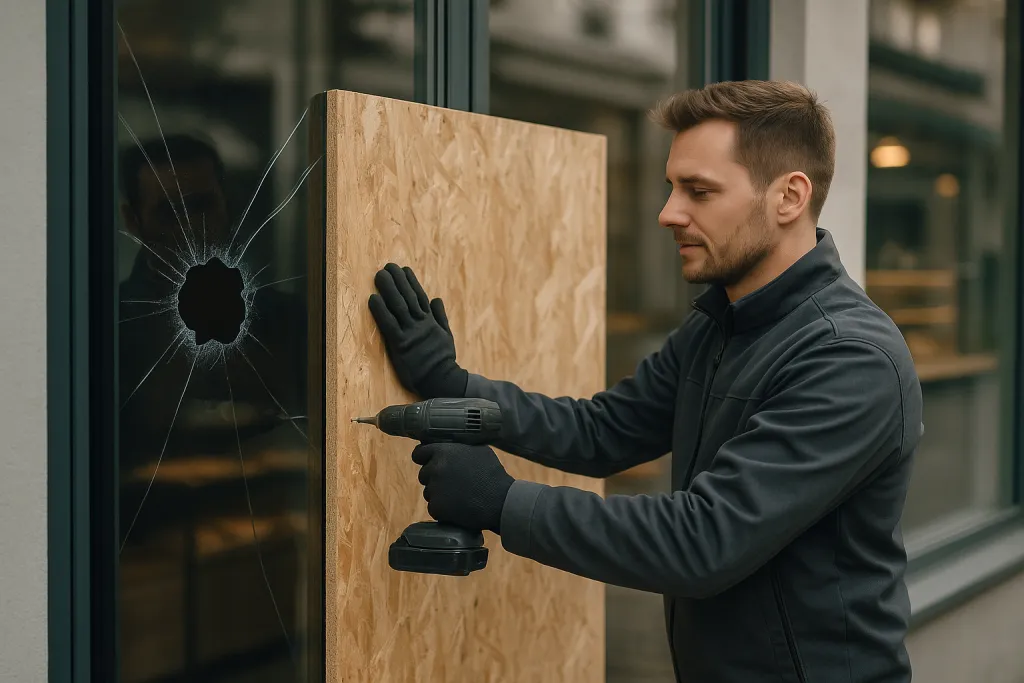 Vitrier posant une fermeture provisoire sur une vitrine cassée