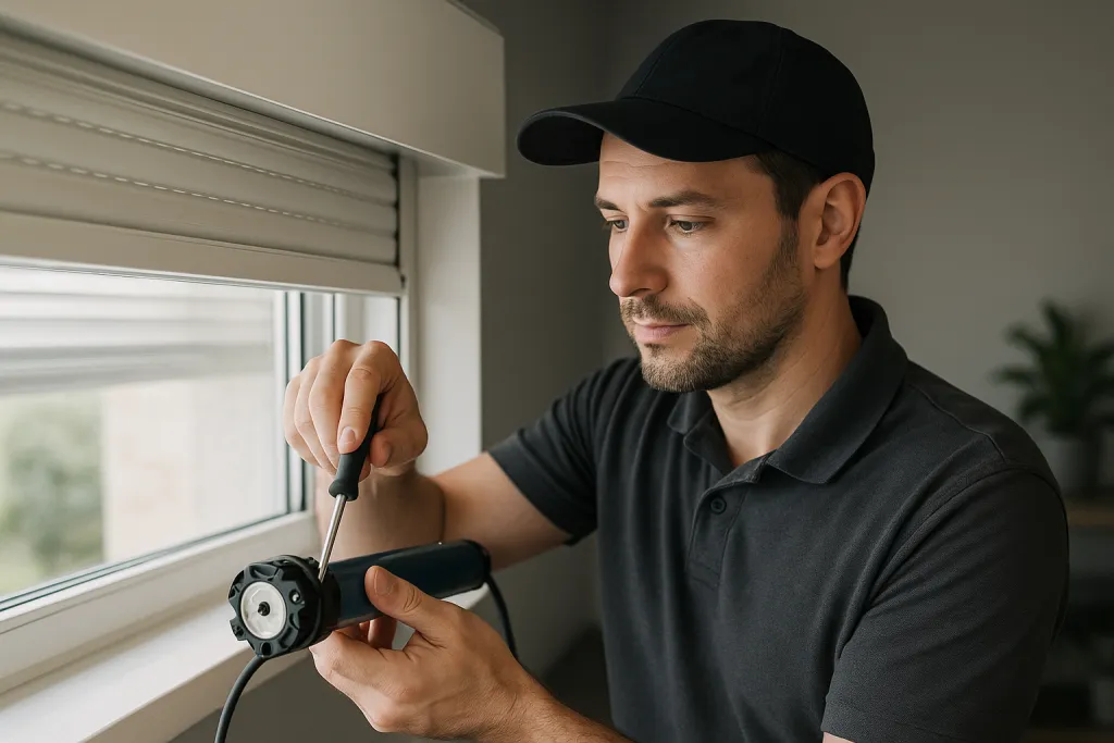 Artisan réparant le moteur d'un volet roulant électrique