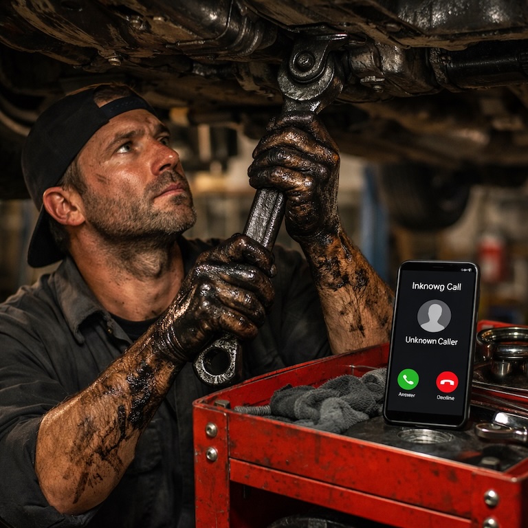 Mécanicien travaillant sous un pont élévateur dans un garage automobile