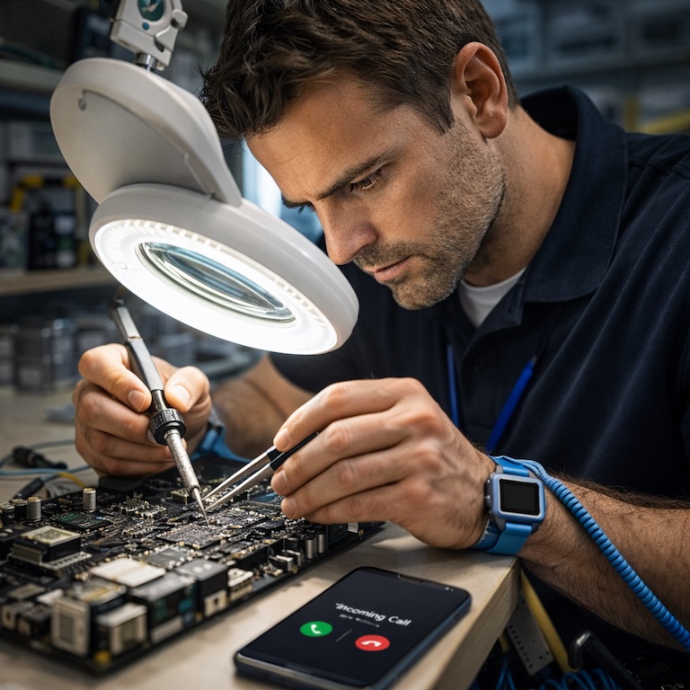 Technicien réparant une carte mère d'ordinateur pendant que l'IA gère les appels clients