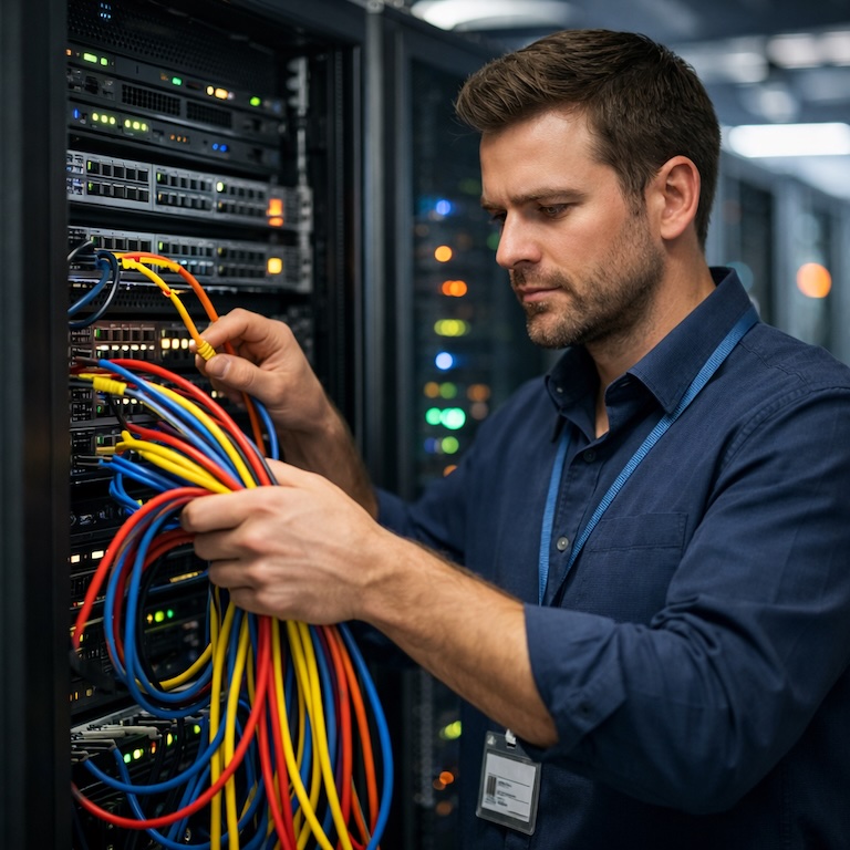 Technicien informatique en intervention sur baie de brassage réseau