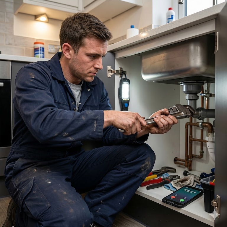 Plombier en intervention sous un évier pendant que l'IA gère le standard téléphonique
