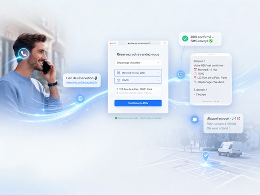 Illustration des SMS de rappel et du site de réservation Zenline