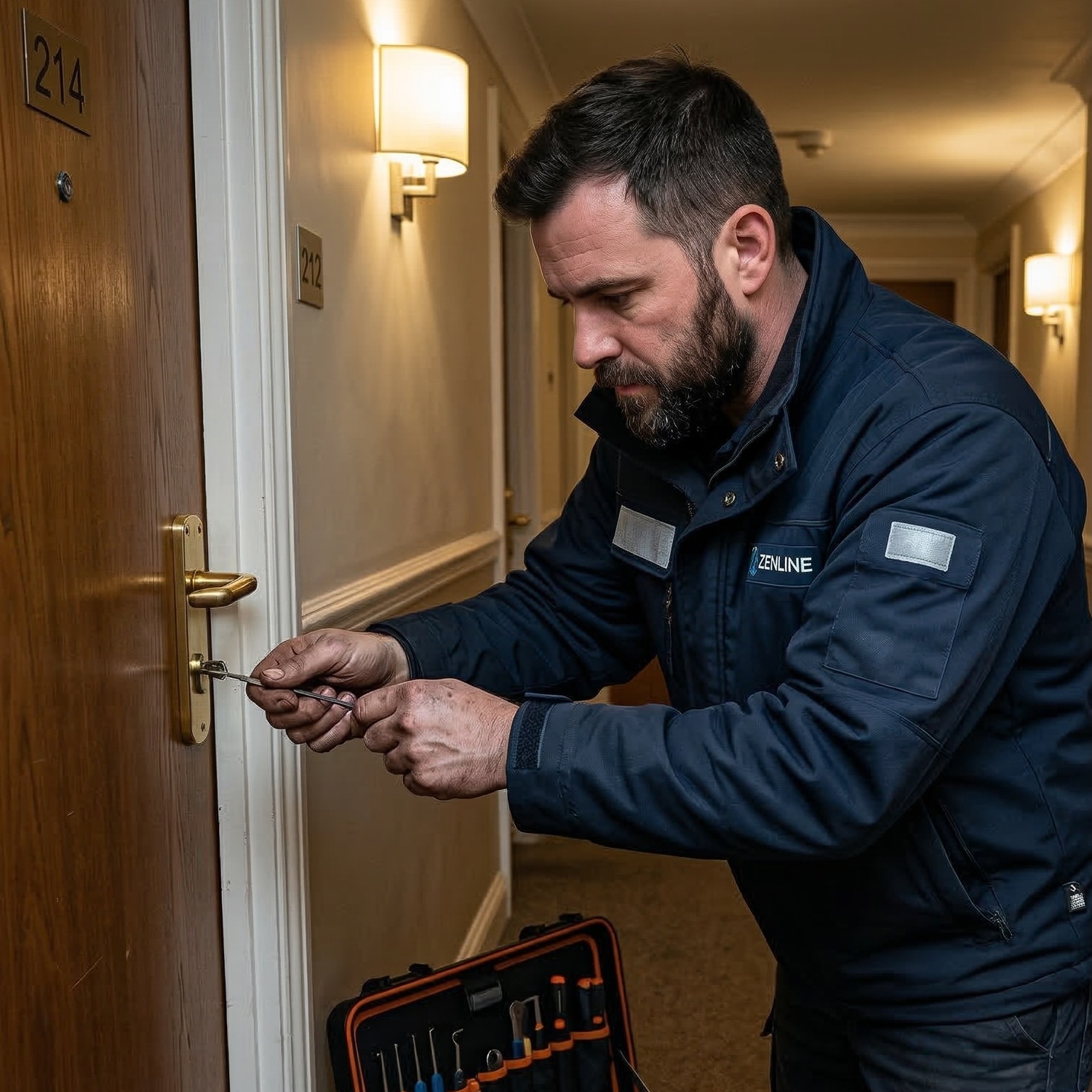 Serrurier en pleine ouverture de porte pendant que l'IA répond au téléphone